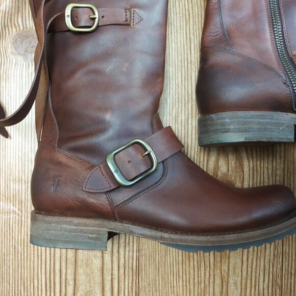 FRYE VERONICA Women Strap Tall Brown leather Boots size 6 Western Boho Moto - Picture 9 of 16